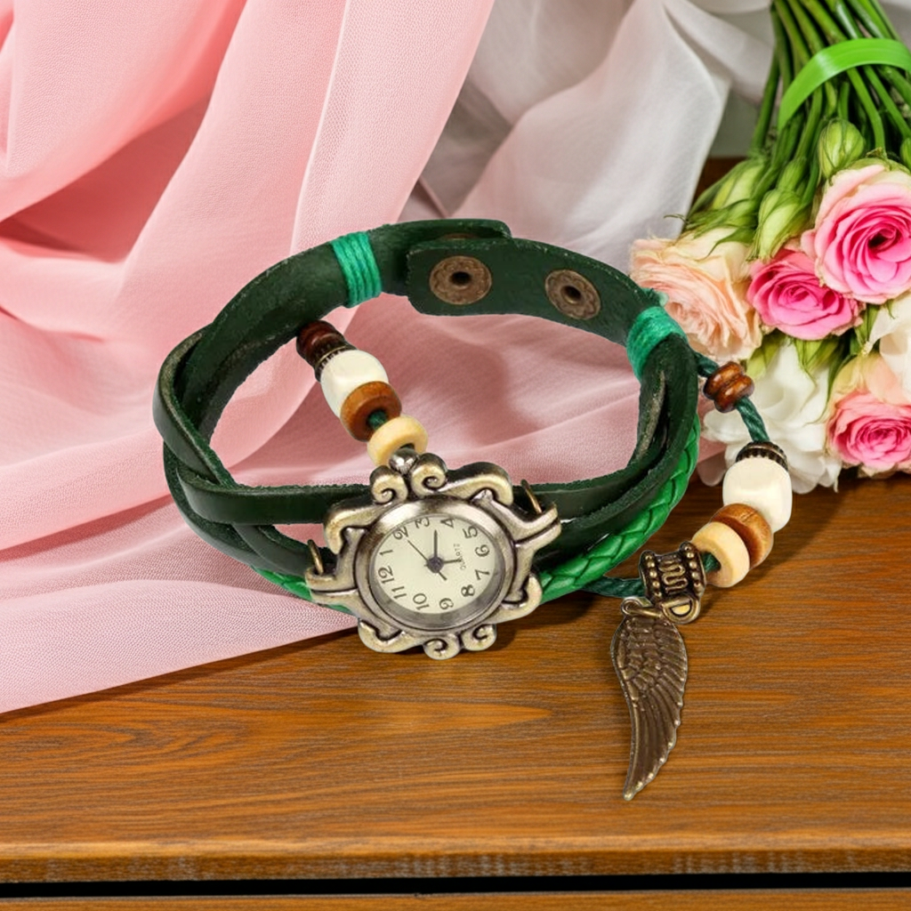 Beautiful Bohemian Style Retro Handmade Leather Angel Wing Women's Watches